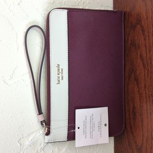 kate spade Staci Saffiano Leather Medium L Zip Wristlet in Berry and Ivory